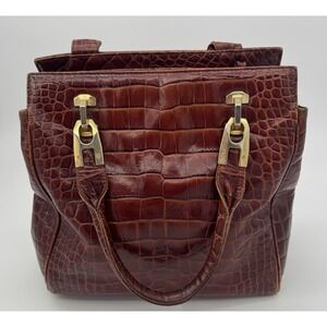 Vintage Madras Italy Croc Embossed Leather Tote Bag Brown Brass Top Handle